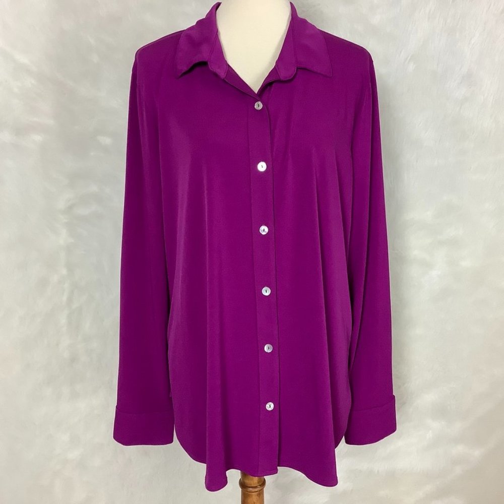 Franne Golde Fuschia Pink Long Sleeve Collared Button Front Top Shirt NWT XXL
